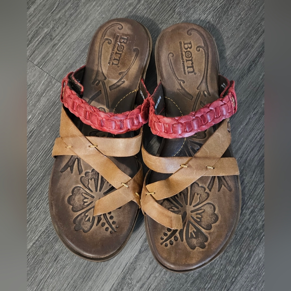 Born Brown Leather Sandals with Red Braided Strap Accent